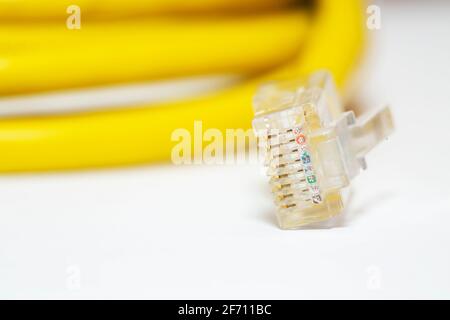 Gelbes Netzwerkkabel mit RJ 45-Stecker. Stockfoto