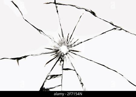 Beschädigtes Glas mit Rissen, Risse im Glas vom Schuss. Gebrochenes Fenster, Textur auf weißem Hintergrund. Stockfoto