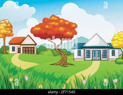 Vektor-Illustration der ländlichen Landschaft mit den Häusern und Herbst Saison Stock Vektor