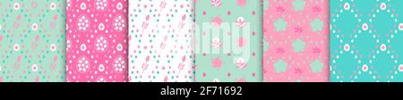 Ostern Nahtloses Musterset. Pink türkis bunte Osterei Vektor-Illustration für Textil, Karte, Geschenkpapier. Tuch. Blumenmuster Stock Vektor