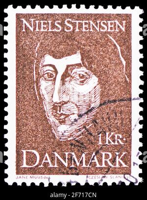 MOSKAU, RUSSLAND - 20. JANUAR 2021: Briefmarke gedruckt in Dänemark zeigt Niels Stensen, Jahrestage und Events Serie, um 1969 Stockfoto