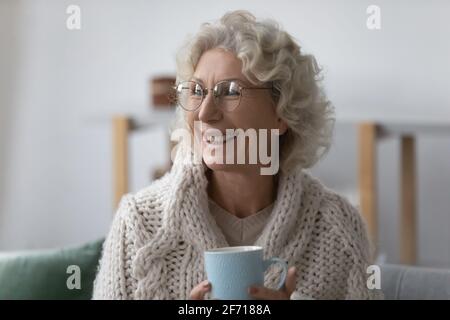 Glückliche reife Dame der 60er Jahre, eingewickelt in karierten Brillen Stockfoto