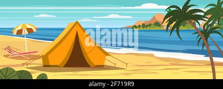 Sommerurlaub. Tourist Zelt Camping am tropischen Strand, Palmen. Küste Strand Meer, Meer, Reisen Stock Vektor