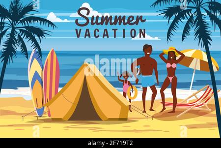 Tourist Zelt Camping am tropischen Strand, Palmen. Sommerurlaub, glückliche Familie, Küste Strand Meer, Meer, Reisen Stock Vektor