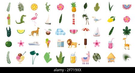 Set von niedlichen trendigen Sommer Ikonen Essen, Getränke, exotische Pflanzen, Blumen, Boote, Tiere, Palmblätter, Früchte und Flamingos. Helles Sommerposter Stock Vektor