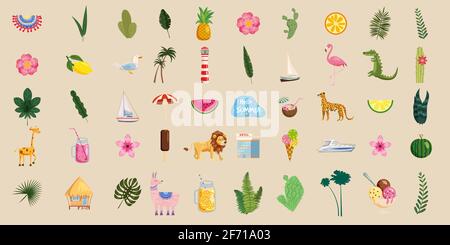 Set von niedlichen trendigen Sommer Ikonen Essen, Getränke, exotische Pflanzen, Blumen, Boote, Tiere, Palmblätter, Früchte und Flamingos. Helles Sommerposter Stock Vektor