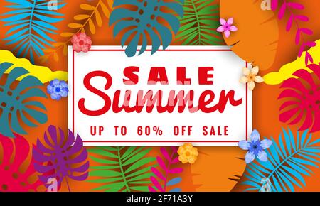 Sommer Verkauf Banner-Vorlage für den saisonalen Verkauf mit tropischen Blättern Blumen Hintergrund, Farbe exotische Blumen Design Banner, Flyer, Einladung, Poster Stock Vektor