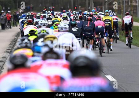 Abbildung Bild zeigt das Pack von Fahrern in Aktion während Die 105. Ausgabe der 'Ronde van Vlaanderen - Tour Des Flandres - Flandern-Rundfahrt Stockfoto