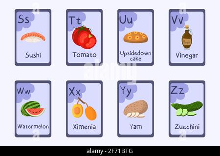 Bunte Alphabet Flashcard Buchstaben S T U V W X Y Z - Sushi Tomate auf den Kopf gestellt Kuchen Essig Wassermelone ximenia yam zucchini. Stock Vektor