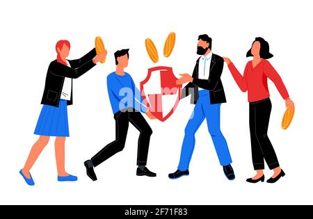 Konzept des Geldschutzes, der finanziellen Ersparnisse und der Versicherung mit Geschäftsleuten zwischen Münzen und Scheinen. Sichere Zahlung und Kontoschutz, flach V Stock Vektor