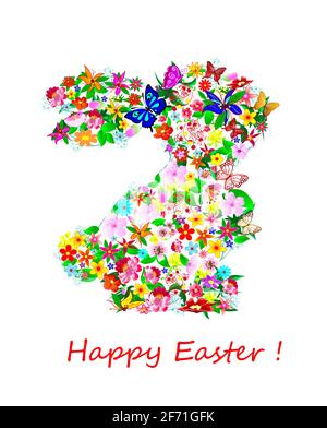 Cartoon Rabbit ist mit Blumen geschmückt. Die Blüten sind in Form eines Hasen angeordnet. Ostern, Frühling. Grußkarte. Stock Vektor
