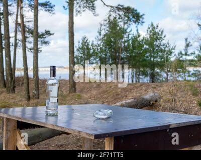 Mehrere Flaschen Bier auf dem Tisch. Müll, Müll, Müllhaufen im Wald mit kaputten Tisch. Nach einer Party draußen gelassen. Leere Flaschen, Alkohol. Alte Brunnenplatte als Tisch verwendet. Grillparty im Wald. Stockfoto