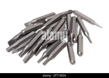 Satz Bits für Schraubendreher. Metallbits für Schraubendreher. Werkzeugsatz für den Gebrauch im Haushalt Stockfoto