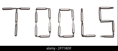 Word-Werkzeuge aus Bits auf weißem Hintergrund. Satz Bits für Schraubendreher Stockfoto