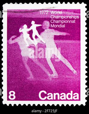 MOSKAU, RUSSLAND - 28. FEBRUAR 2021: Die in Kanada gedruckte Briefmarke zeigt die Eiskunstlauf-Weltmeisterschaften, Serie, um 1972