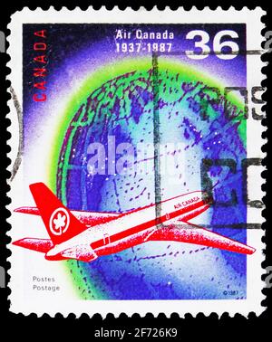 MOSKAU, RUSSLAND - 28. FEBRUAR 2021: Die in Kanada gedruckte Briefmarke zeigt den 50. Jahrestag von Air Canada, 1937-1987, um 1987 Stockfoto