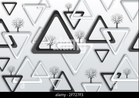 3d moderne Wandtapete . Schwarz-weiße Dreiecke mit schwarzem Baum auf hellgrauem Hintergrund für Wandkunst. Stockfoto