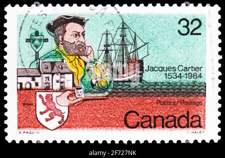 MOSKAU, RUSSLAND - 28. FEBRUAR 2021: Die in Kanada gedruckte Briefmarke zeigt Jacques Cartier, um 1984 Stockfoto