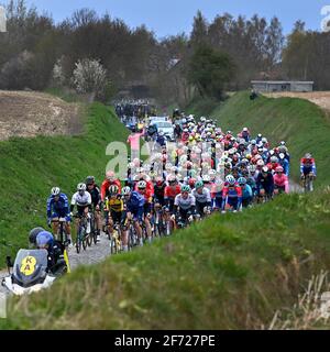 Illustration Bild des Reiterrucks am Holleweg während Die 105. Ausgabe der 'Ronde van Vlaanderen - Tour Des Flandres - Flandern-Rundfahrt Stockfoto