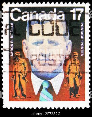 MOSKAU, RUSSLAND - 28. FEBRUAR 2021: Die in Kanada gedruckte Briefmarke zeigt Aaron Roland Mosher, um 1981 Stockfoto