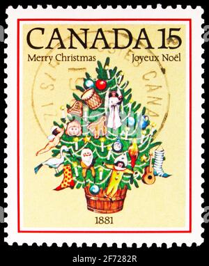 MOSKAU, RUSSLAND - 28. FEBRUAR 2021: Die in Kanada gedruckte Briefmarke zeigt den Weihnachtsbaum, 1981, um 1981 Stockfoto