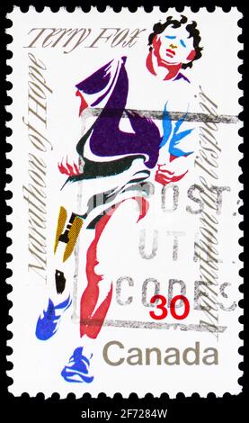 MOSKAU, RUSSLAND - 28. FEBRUAR 2021: Die in Kanada gedruckte Briefmarke zeigt Terry Fox, um 1982 Stockfoto