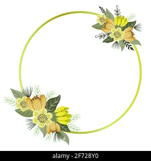 Vector floralen Rahmen, niedliche handgezeichnete Blumen mit goldenen Kreis Rahmen, isoliert auf weiß Stock Vektor