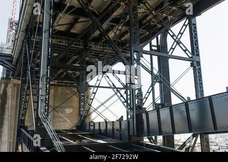 Tacoma, Washington, USA. März 2021. Murray Morgan Bridge. Seehafen. Konstruktionsdetails Stockfoto