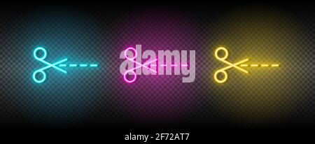 Crop, Schere Vektor-Symbol gelb, rosa, blau Neon gesetzt. Vektorsymbol für Werkzeuge auf dunklem Transparenzhintergrund Stock Vektor