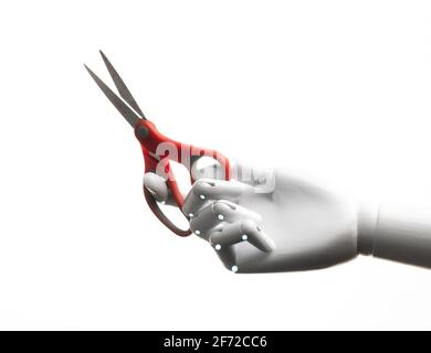 Roboter Hand halten Paar Schere isoliert auf weiß Stockfoto