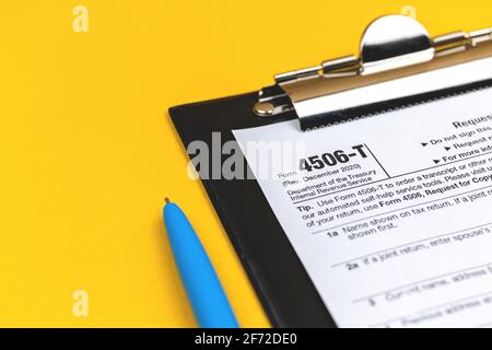 Formular 4506-T Antrag auf Abschrift der Steuererklärung Hintergrund Stockfoto
