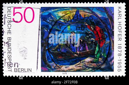 MOSKAU, RUSSLAND - 22. DEZEMBER 2020: Briefmarke gedruckt in Deutschland, Berlin, zeigt 'das Boot' von Karl Hofer (impressionistischer Maler), Serie, um 197 Stockfoto