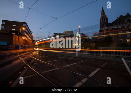 Straßenbahnlinien im Nottingham Contemporary im Stadtzentrum von Nottingham, Nottinghamshire, England Stockfoto