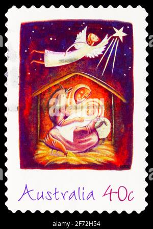 MOSKAU, RUSSLAND - 22. DEZEMBER 2020: In Australien gedruckte Briefmarke zeigt Weihnachtskrippe, Weihnachtsserie 2002, um 2002 Stockfoto