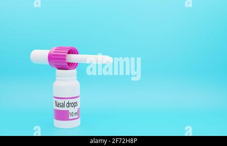 3D-Rendering von Tropfen in Nase und Ohren mit laufender Nase und Schmerzen in den Ohren in einer 10 ml Plastikflasche und einer Pipette. Stockfoto