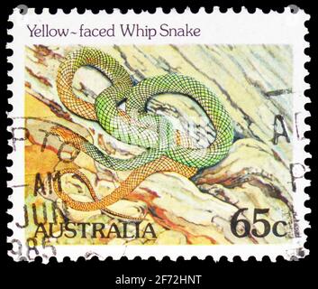 MOSKAU, RUSSLAND - 22. DEZEMBER 2020: Die in Australien gedruckte Briefmarke zeigt Yellow-faced Whip Snake (Demansia reticulata), Reptilien und Amphibien se Stockfoto