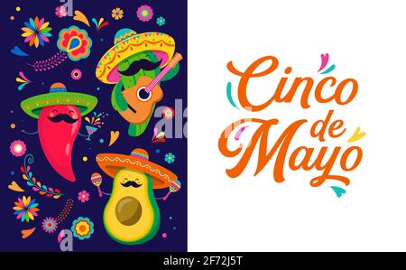 Cinco de Mayo - 5. Mai, Bundesfeiertag in Mexiko. Lustige, niedliche Charaktere wie Chilli, Avocado, Kaktus, der Gitarre spielt, tanzt und trinkt Tequila Stock Vektor
