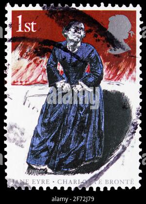 MOSKAU, RUSSLAND - 22. DEZEMBER 2020: Die in Großbritannien gedruckte Briefmarke zeigt Jane Eyre - 'Come to Me', 150. Todestag von Charlotte Bront Stockfoto