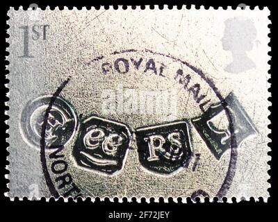 MOSKAU, RUSSLAND - 22. DEZEMBER 2020: Briefmarken gedruckt in Großbritannien zeigt 'Cheers', Grußmarken 2001 - Occasions Serie, um 2001 Stockfoto