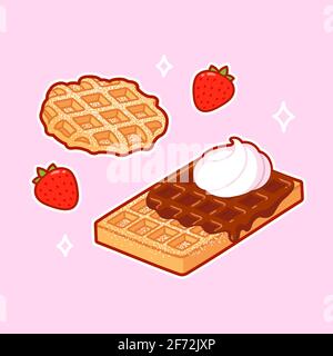 Zwei Arten von traditionellen belgischen Waffeln: Liege Waffel und Brüsseler Waffel. Garniert mit Puderzucker, Schokolade und Schlagsahne. Cartoon-Clip-Art Stock Vektor