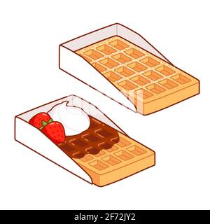 Brüsseler Waffeln zum Mitnehmen, belgisches Street Food. Puderzucker, Schokolade, Schlagsahne und Erdbeeren. Cartoon Clip Art Zeichnung, ich Stock Vektor