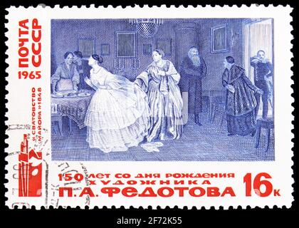 MOSKAU, RUSSLAND - 22. DEZEMBER 2020: Die in der Sowjetunion gedruckte Briefmarke zeigt den Heiratsantrag, Pavel Fedotov (1848), Serie, um 1965 Stockfoto