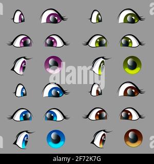Satz von Zeichentrickfigur Anime Augen in verschiedenen Winkeln von blauen, grünen, lila, braunen Farben. Vektor-Illustration von weiblichen, Baby Augen isoliert von t Stock Vektor