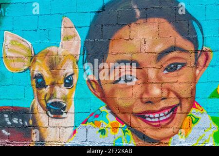 Kunstvolle Wände mit farbenfrohen Tier- und Menschengemälden und Graffiti in Playa del Carmen Quintana Roo Mexiko. Stockfoto