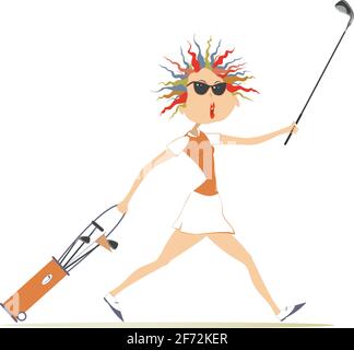 Lächelnde Golferin Frau geht Golf Illustration spielen. Cartoon-Frau in Sonnenbrille mit Golftasche und Golfschläger geht auf den Golfplatz isoliert auf whit Stock Vektor