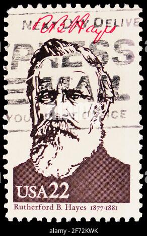 MOSKAU, RUSSLAND - 22. DEZEMBER 2020: Die in den USA gedruckte Briefmarke zeigt Rutherford Hayes, AMERIPEX '86, Serie, um 1986 Stockfoto