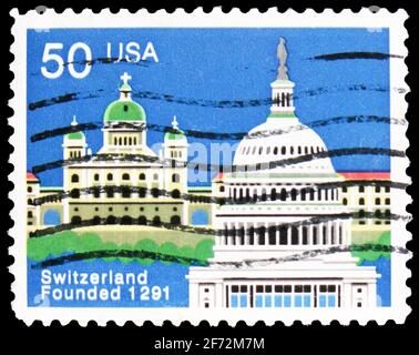 MOSKAU, RUSSLAND - 22. DEZEMBER 2020: In den USA gedruckte Briefmarke zeigt die Schweiz, 700. Jahrestag, Serie, um 1991 Stockfoto