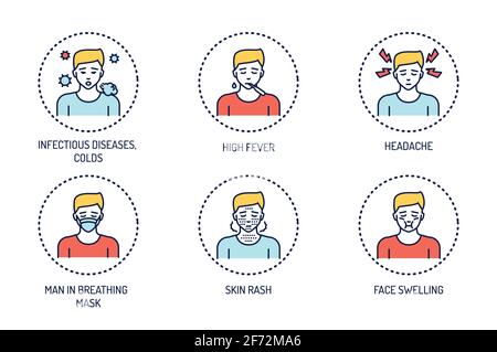 Symbole für die Linienfarbe der Allergiesymptome eingestellt. Lebensmittelunverträglichkeit, Vergiftung. Dermatologische, infektiöse Erkrankung. Stock Vektor