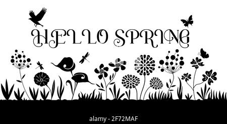 Hello Spring Sign mit Blume und fliegenden Vogel Silhouette auf weißem Hintergrund, Vektor-Illustration. Stock Vektor