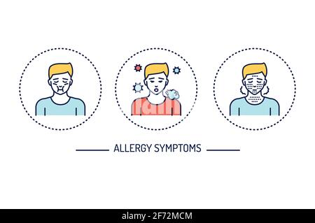 Allergiesymptome Linienfarbe Symbole Konzept. Dermatologische, infektiöse Erkrankung. Stock Vektor